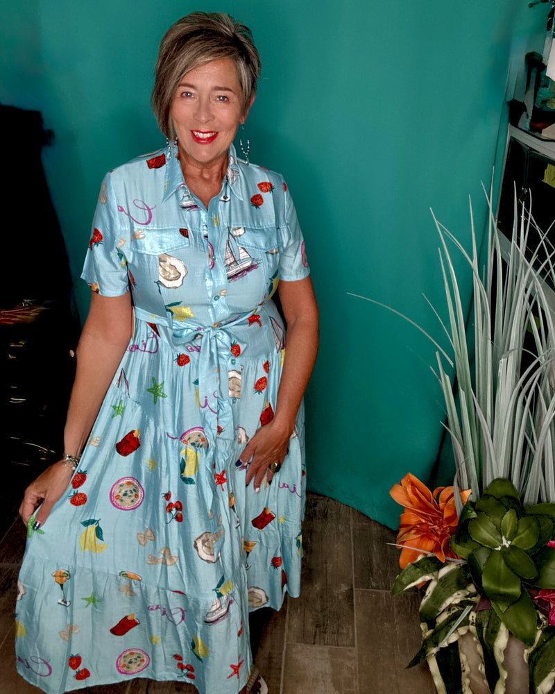 Blue Tropical Vacay Print Button Down Collar Short Sleeve Tier Midi Dress