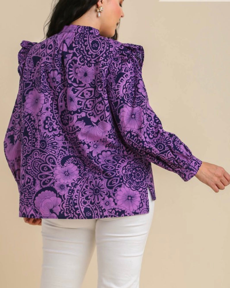 Cotton Purple & Black Short Puff Sleeve Scalloped High Neck Top