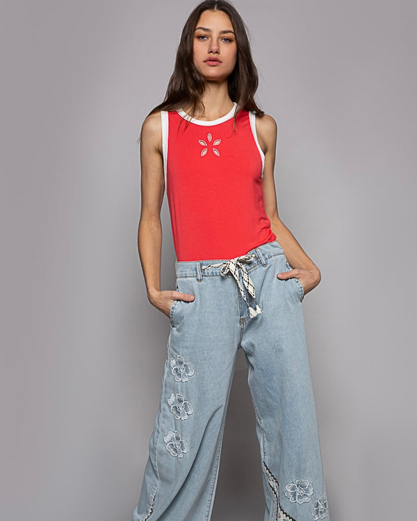 Blue & Yellow or Coral & White Sleeveless Round Neck Tank Top