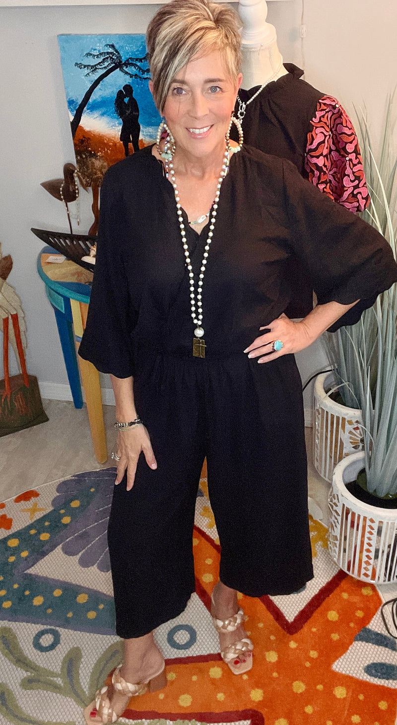 Black 3/4 Short Sleeve Crop Pantsuit Jumpsuit
