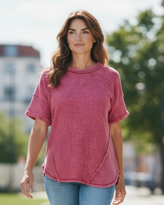 Blue, Green or Pink Mineral Wash Waffle Cotton Short Roll Sleeve Raw Edge Top
