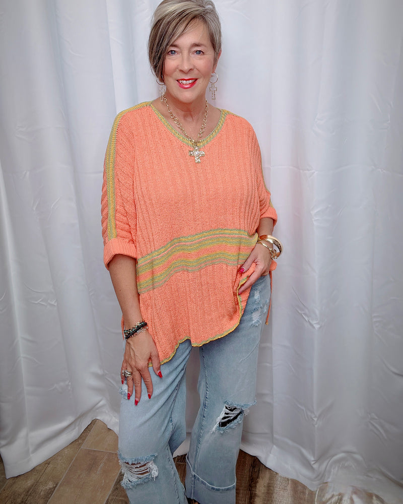 Blue or Orange 3/4 Sleeve VNeck Ribbed Sweater Knit Top