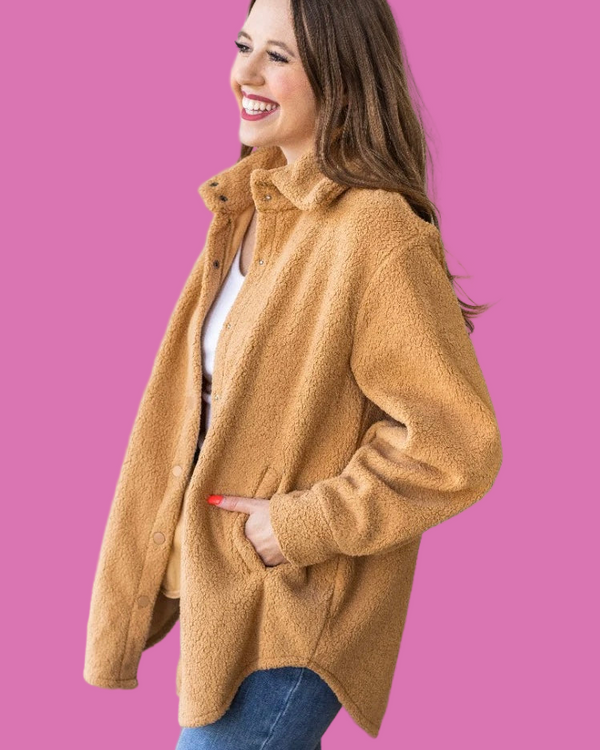 Black, Ivory or Camel Oversized Long Sleeve Button Front Sherpa Shacket