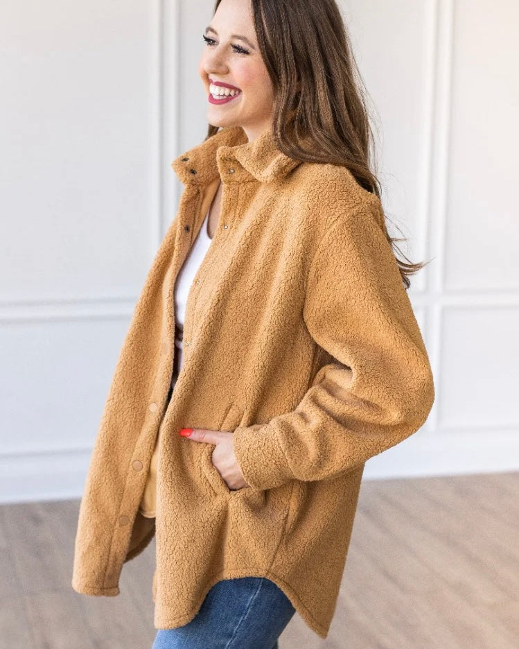 Black, Ivory or Camel Oversized Long Sleeve Button Front Sherpa Shacket