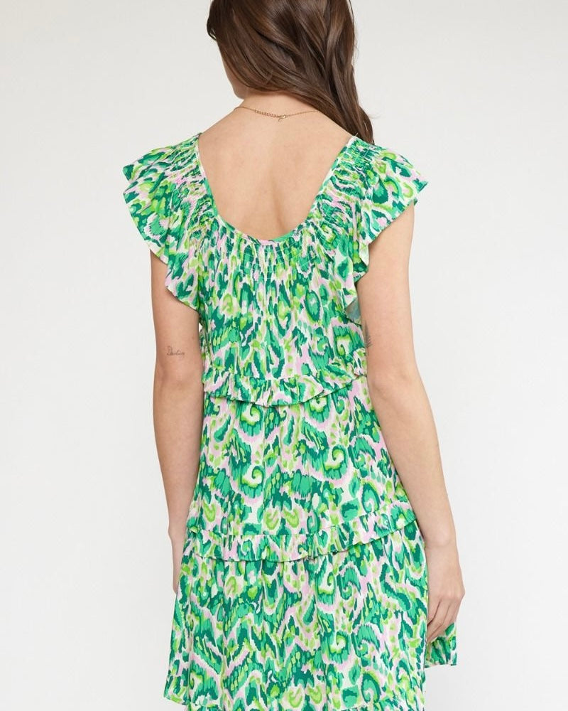 Green & White Tier Ruffle Tunic Top/Dress with Ruffle Cap Sleeves and Pockets