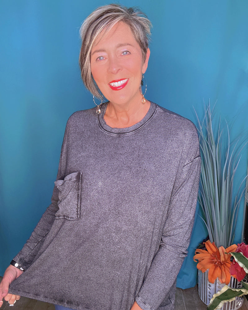 Teal Green or Black Ribbed Textured Round Neck Long Dolman Sleeve Top