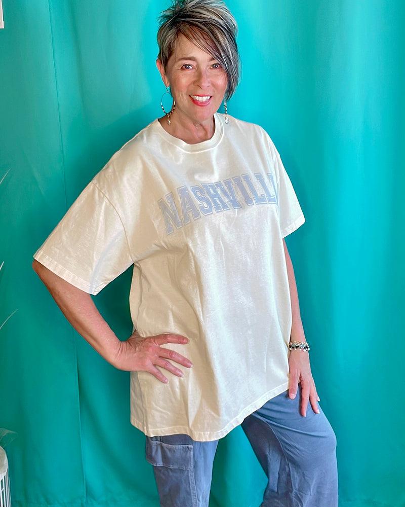 Nashville Cream with Blue Lettering Oversized Collar Open Crew Neck Tshirt