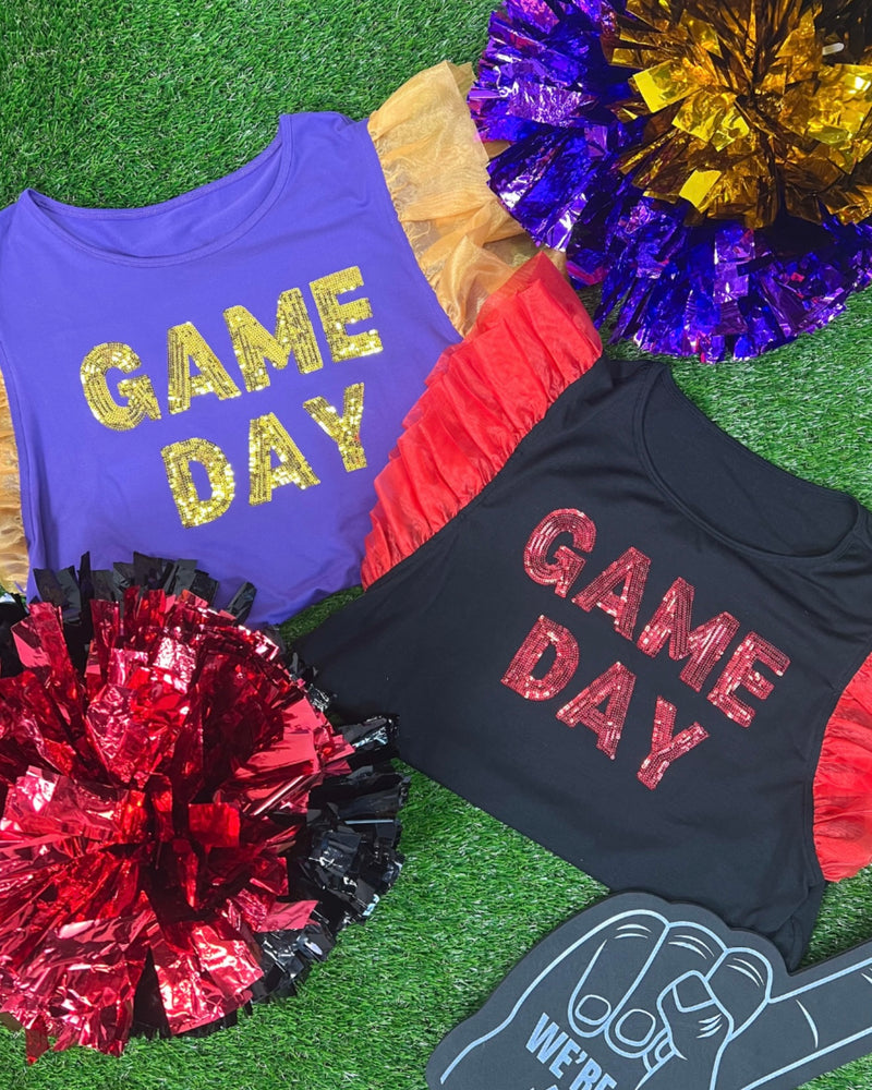 “Game Day" Short Ruffle Sleeve Sequin Patch Top