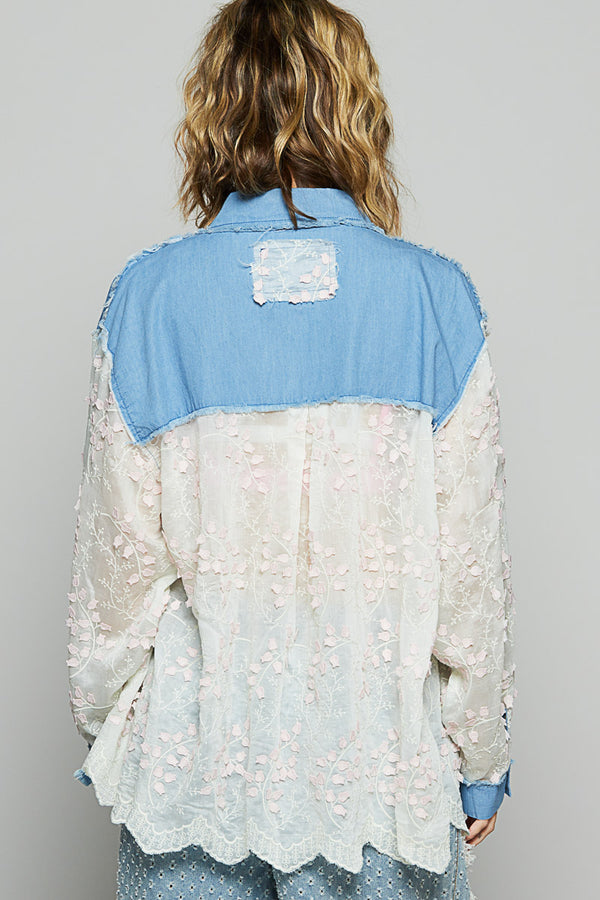 Light  Chambray Denim & Pink Lace Crochet Long Sleeve Collar Button Down Shirt Jacket