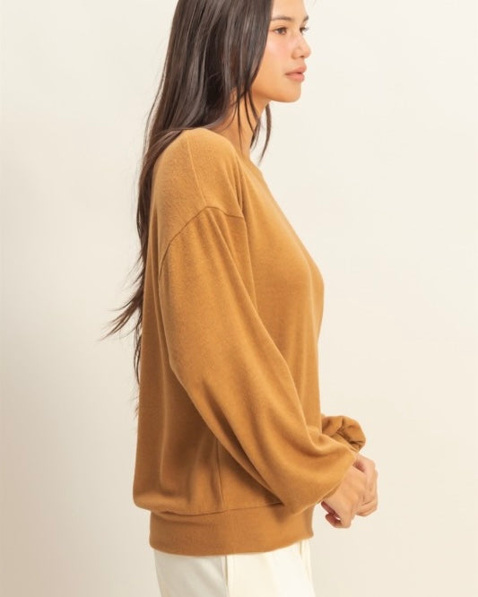 Camel Pale Brown Round Neck Long Balloon Sleeve Pullover Top