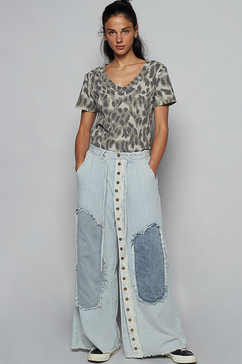 Roomy Light Striped Denim Patch Lace Button Detail Pant