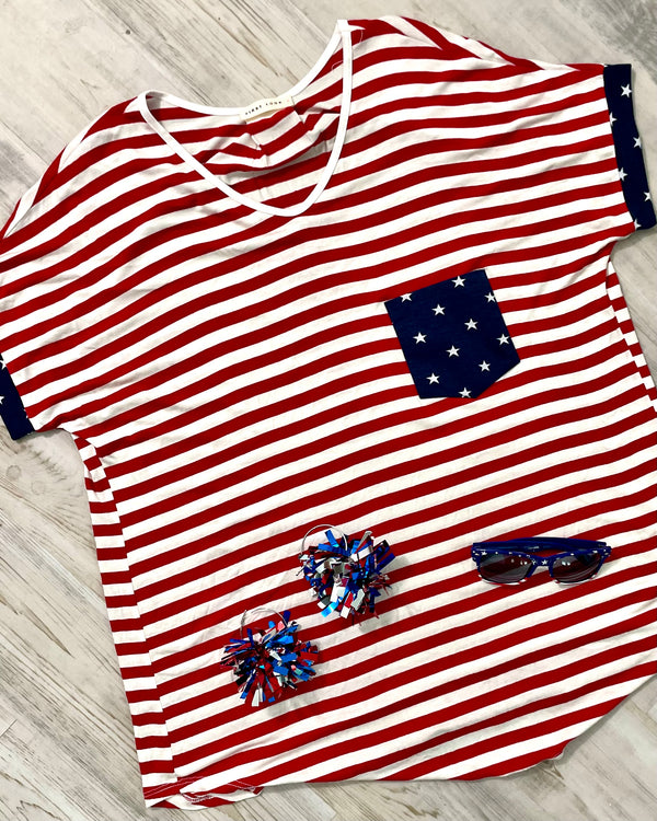 Plus Size RWB Short Sleeve Top Red Stripes USA Star Pocket