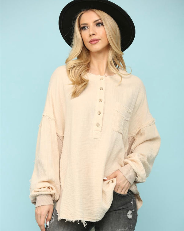 Cream Gauze Washed Button Front Long Sleeve Fray Edge Top