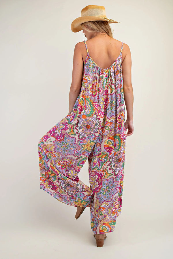 Bohemian Multicolor Paisley Mix Spaghetti Strap Jumpsuit