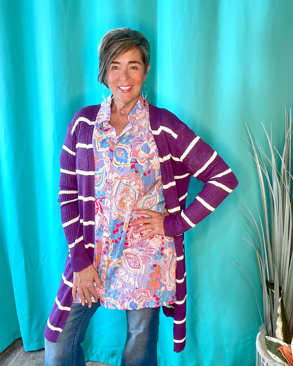 Purple with White Stripes Long Sleeve Open Front Sweater Cardigan