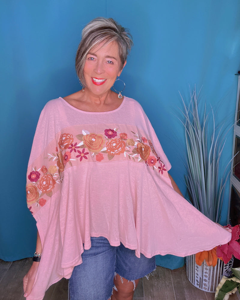 Pink Blush Boho Floral Dolman Sleeve Boxy Top