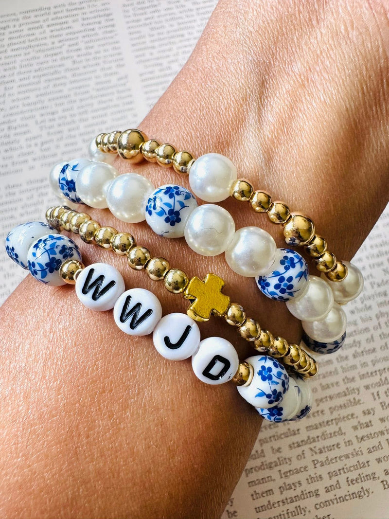 Blue & White Gold Chain Short Necklace, Earring & 4 Pc Stretch Bracelet WWJD Set