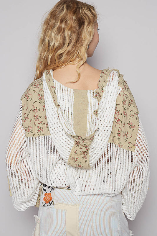 White & Olive Floral Contrast Open Knit Button Down Pocket Hoodie Long Sleeve Shirt Shacket Top
