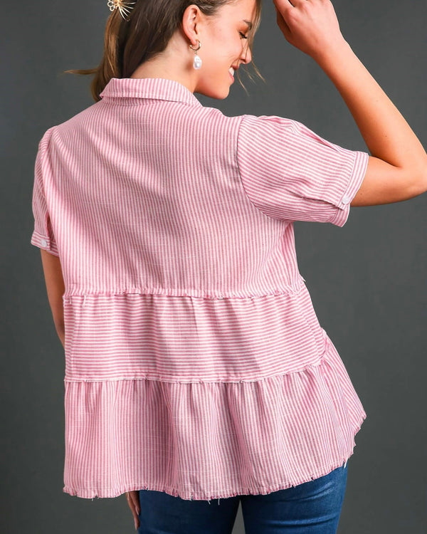 Pink & White Candy Stripe Babydoll Short Sleeve Fray Edge Top