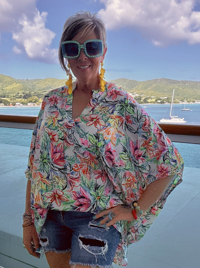 Multicolor Plus Size Abstract Floral Print Dolman Short Sleeve Open VNeck Top