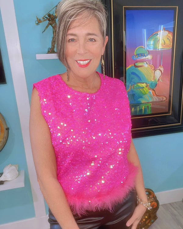 Hot Pink Sequin Feather Crop Party Festive Holiday Sleeveless Top