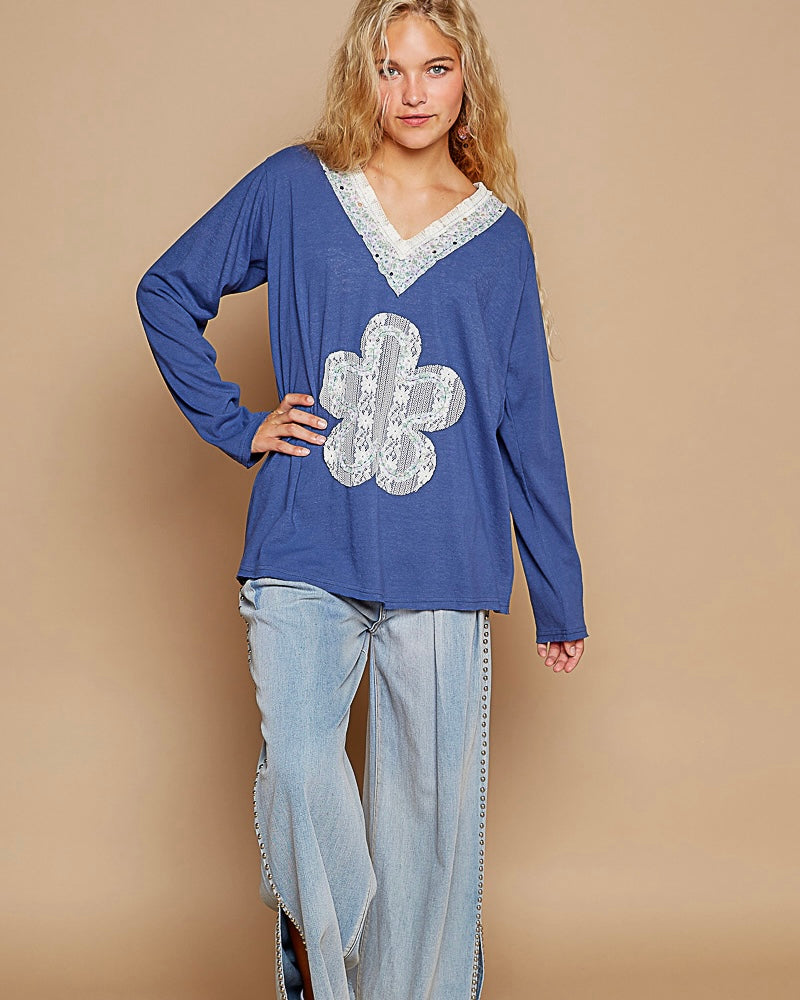 Ivory or Blue Relaxed Fit Lightweight Long Sleeve Lace Flower Patch Top