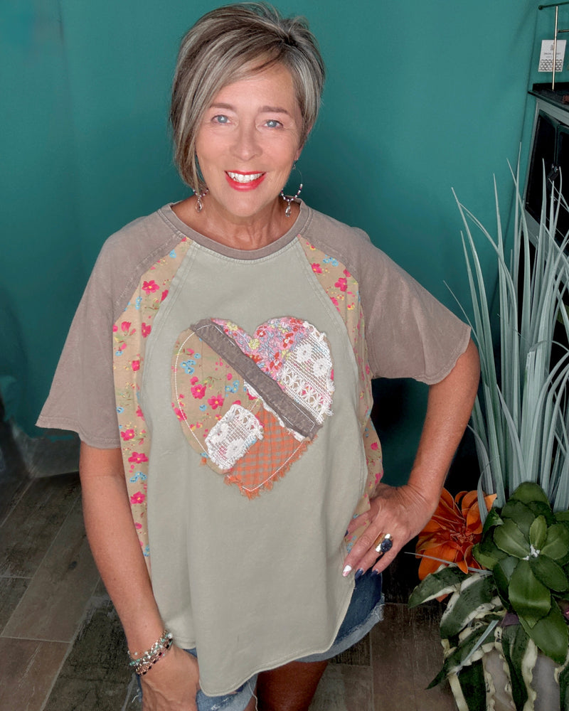 Brown & Khaki Heart Patch Mix & Match Mineral Wash Short Sleeve Top