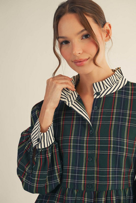 Navy Blue Plaid or Tan Plaid Long Sleeve Contrast Button Neck Dress