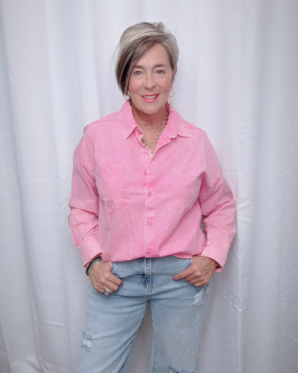 Pink or Blue Acid Wash Button Down Long Sleeve Collar Top