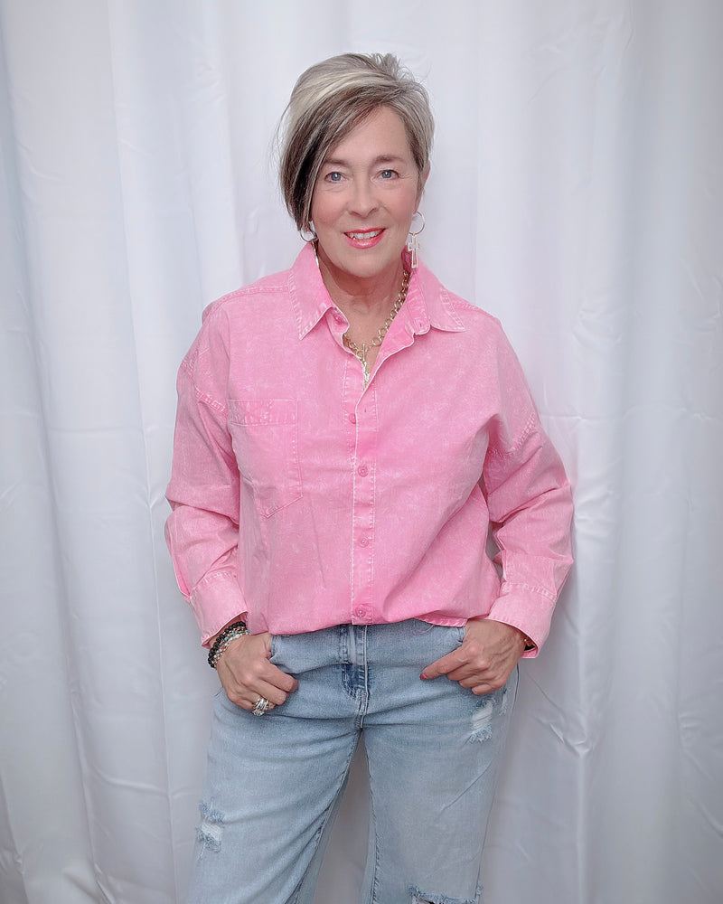 Pink or Blue Acid Wash Button Down Long Sleeve Collar Top