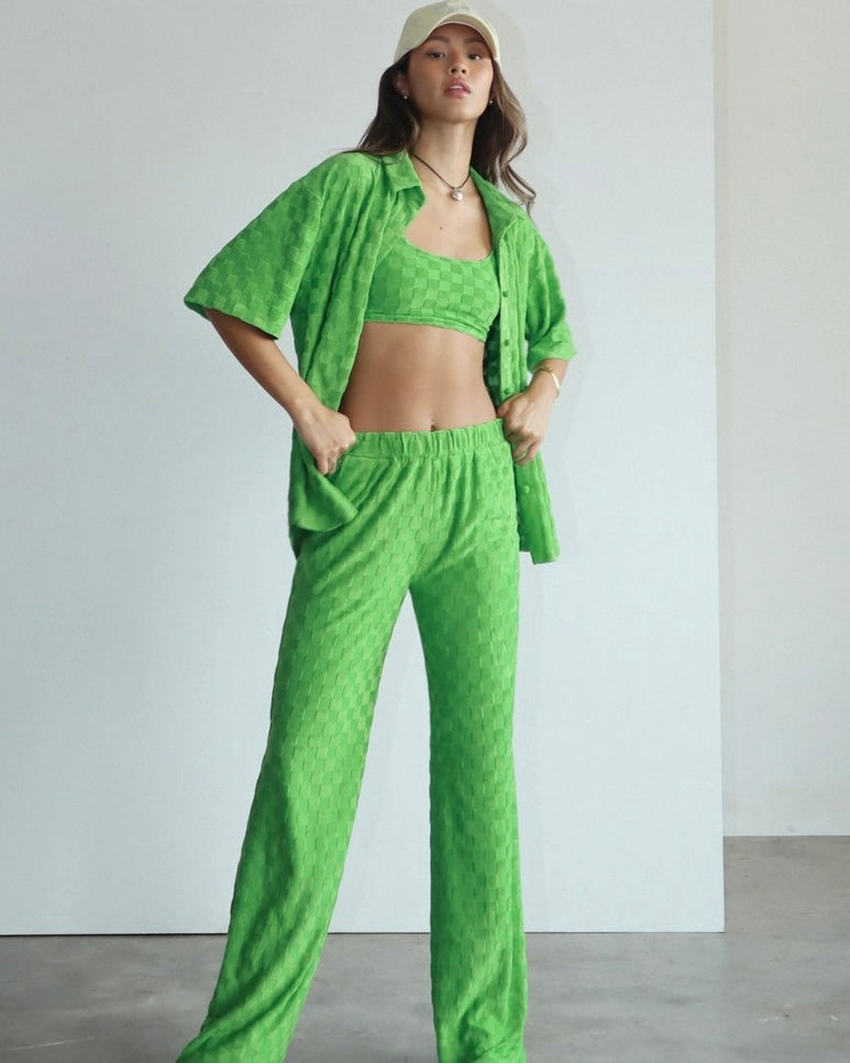 2 pc Lime Green Checkered Texture Button Down Top and Pant Set