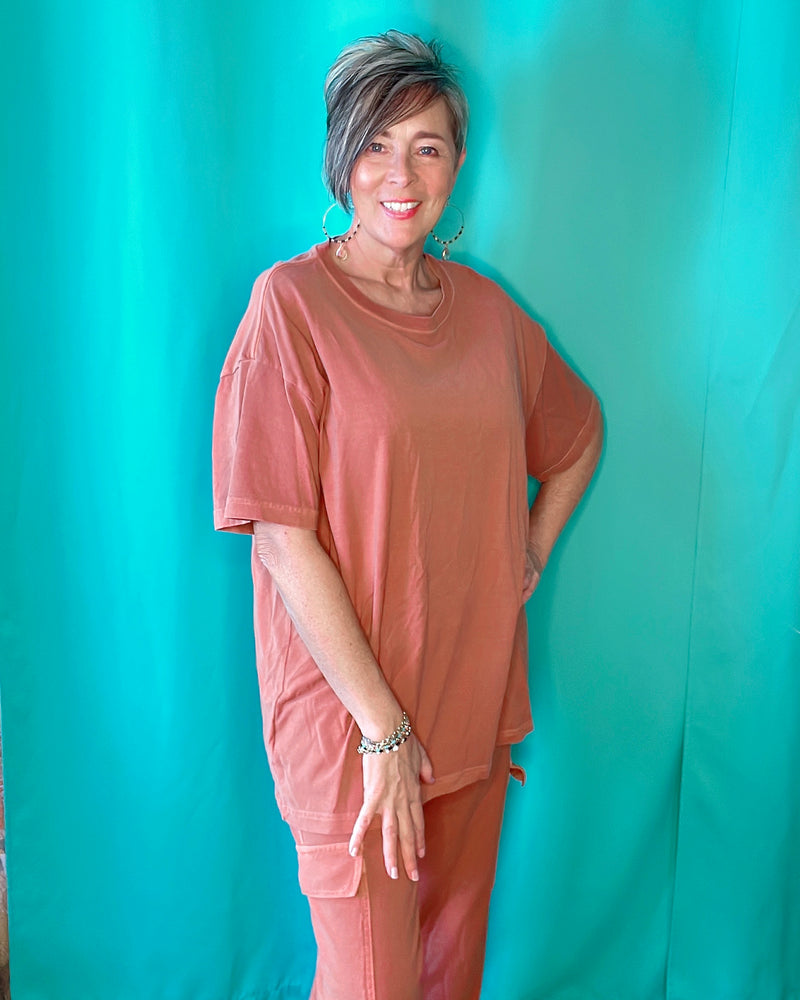 Nutshell Terra Cotta Pigment Dyed & Washed Oversized Round Neckline Tshirt