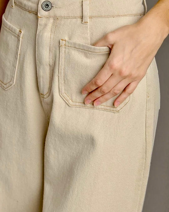 Khaki Stone Tan Neutral Denim Frayed Hem Front Pocket Jean Pant