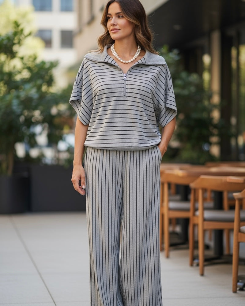 Brown, Gray or Black Stripe Pullover Zip Neck Short Sleeve Top