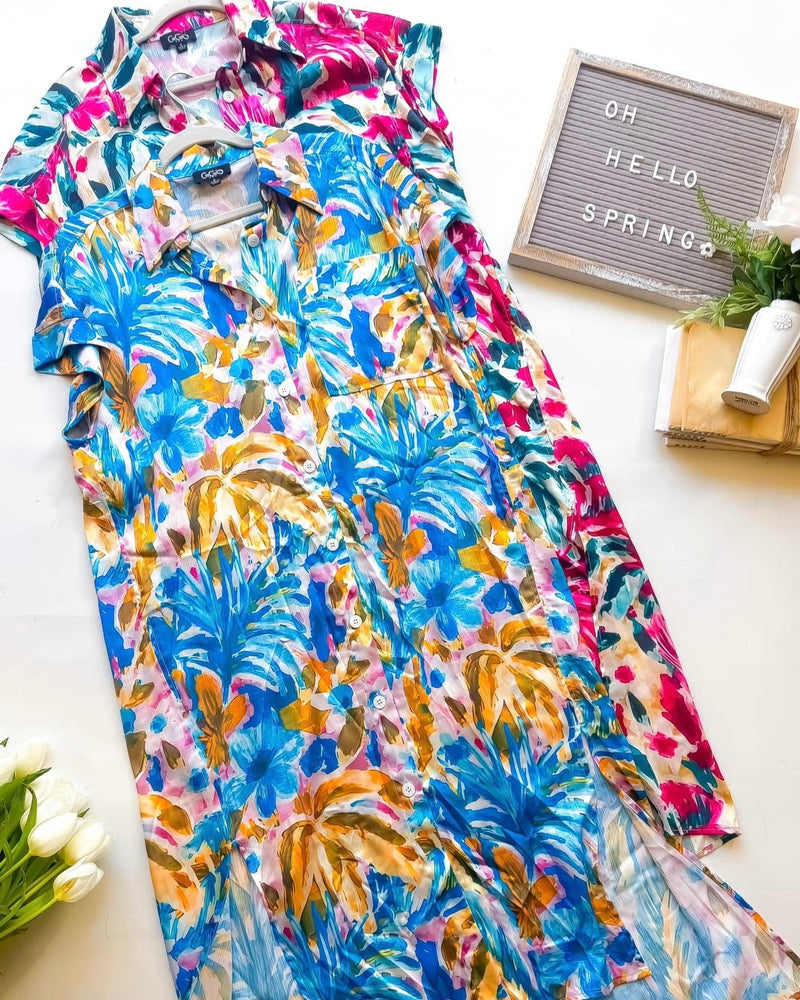 Blue & Gold or Magenta & Teal Tropical Abstract Print Button Down Maxi Cap Sleeve Dress