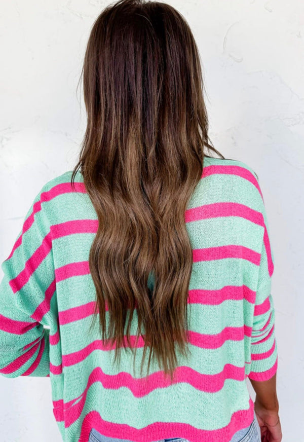Turquoise & Pink Stripe Long Sleeve Lightweight Knit Sweater Top