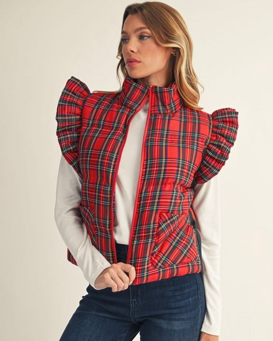 Red Plaid Front Zip Ruffled Cap Sleeve Puff Vest