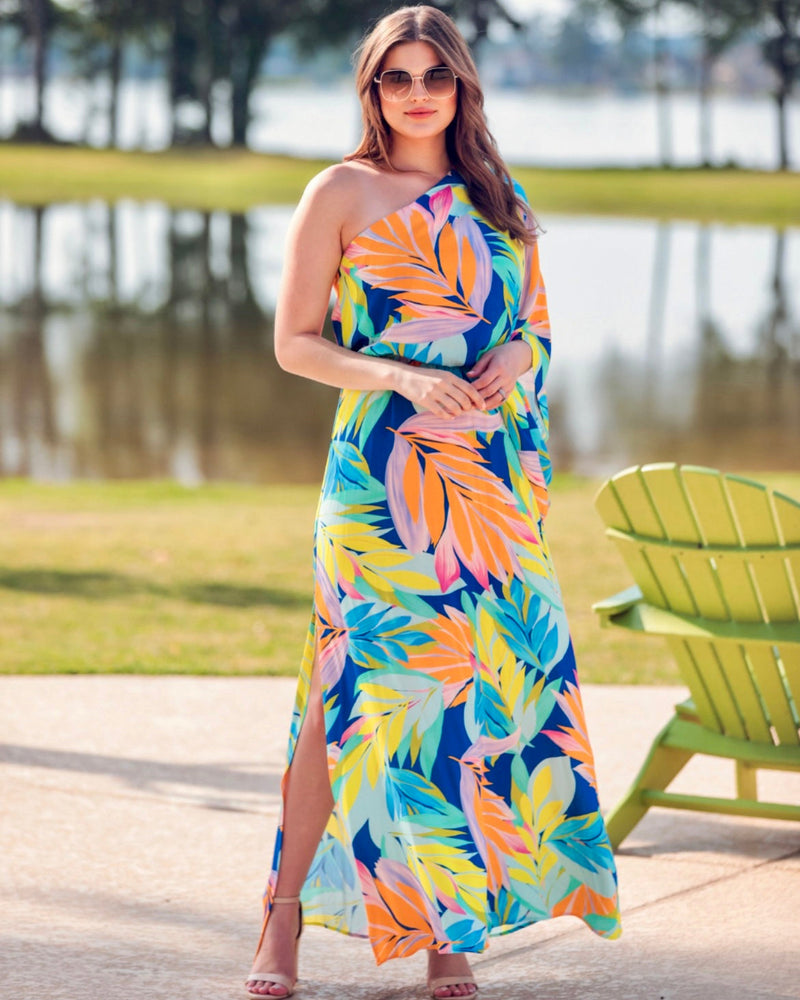 Beautiful Tropical Leaf Multi Color One Shoulder Maxi Dress