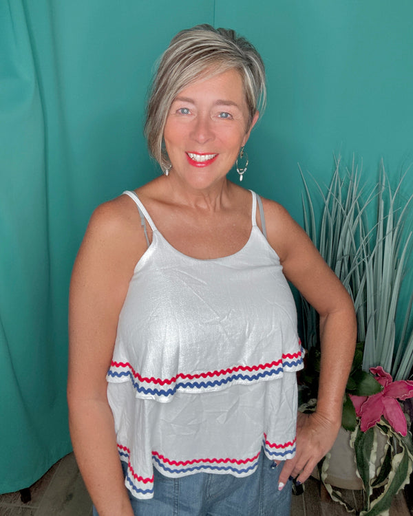 White w/Red & Blue Ricrac Double Layered Woven Linen Cami Adjustable Spaghetti Straps Tank Top