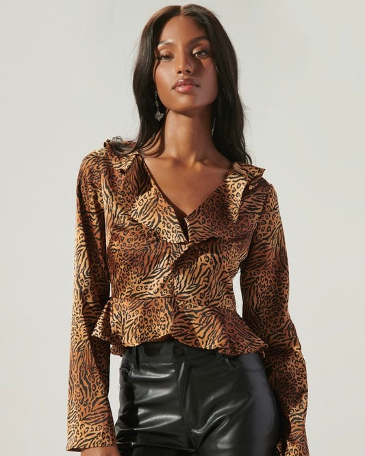 Brown & Black Satin Cheetah Animal Print Ruffle Open Neck Long Sleeve Peplum Blouse Top