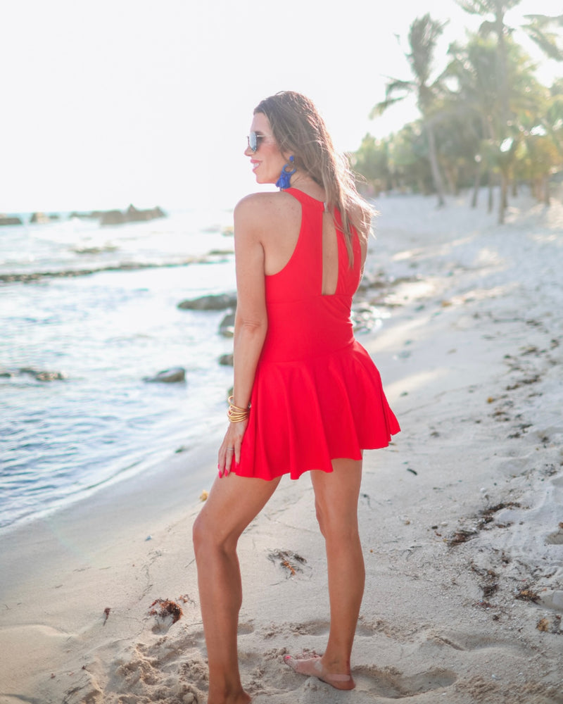 Red Skirted One Piece Halter Style Swimsuit