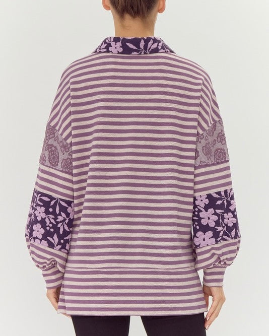 Purple or Green Striped Floral Contrast Texture Block Long Sleeve Zip Neck Collar Top