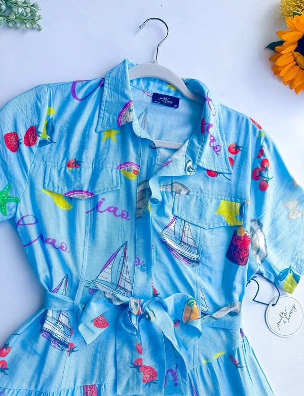 Blue Tropical Vacay Print Button Down Collar Short Sleeve Tier Midi Dress