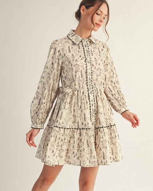 Cream & Brown Garden Print Waist Tie Button Down Floral Long Sleeve Mini Dress