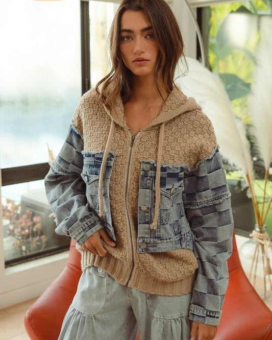 Plus Size Beige Chunky Sweater & Wash Checkered Denim Frayed Edge Long Sleeve Zip Front Hoodie Jacket