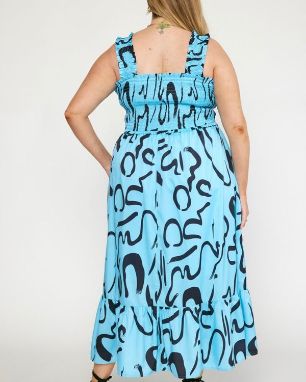 Plus Size Aqua Blue Zig Zag Graphic Sleeveless Maxi Dress