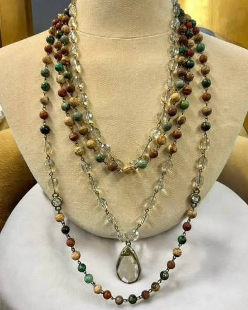 4 Layer Brown Multi Style Short & Long Beaded Necklace Set with Teardrop Crystal Pendant
