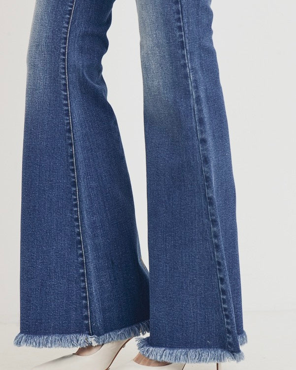 Medium Wash Denim Blue Jean Mid Rise Stretch Flare Frayed Hem Jean Pants