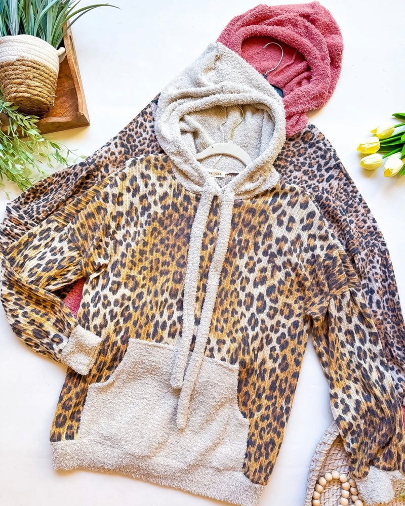 Beige or Mauve Fleece Long Sleeve Drawstring Hoodie Hand Warmer Top