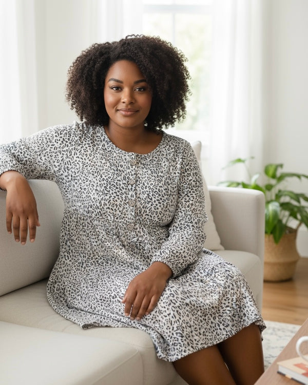Cheetah Leopard Print Long Sleeve Button Neck Long Sleeve Swing Dress